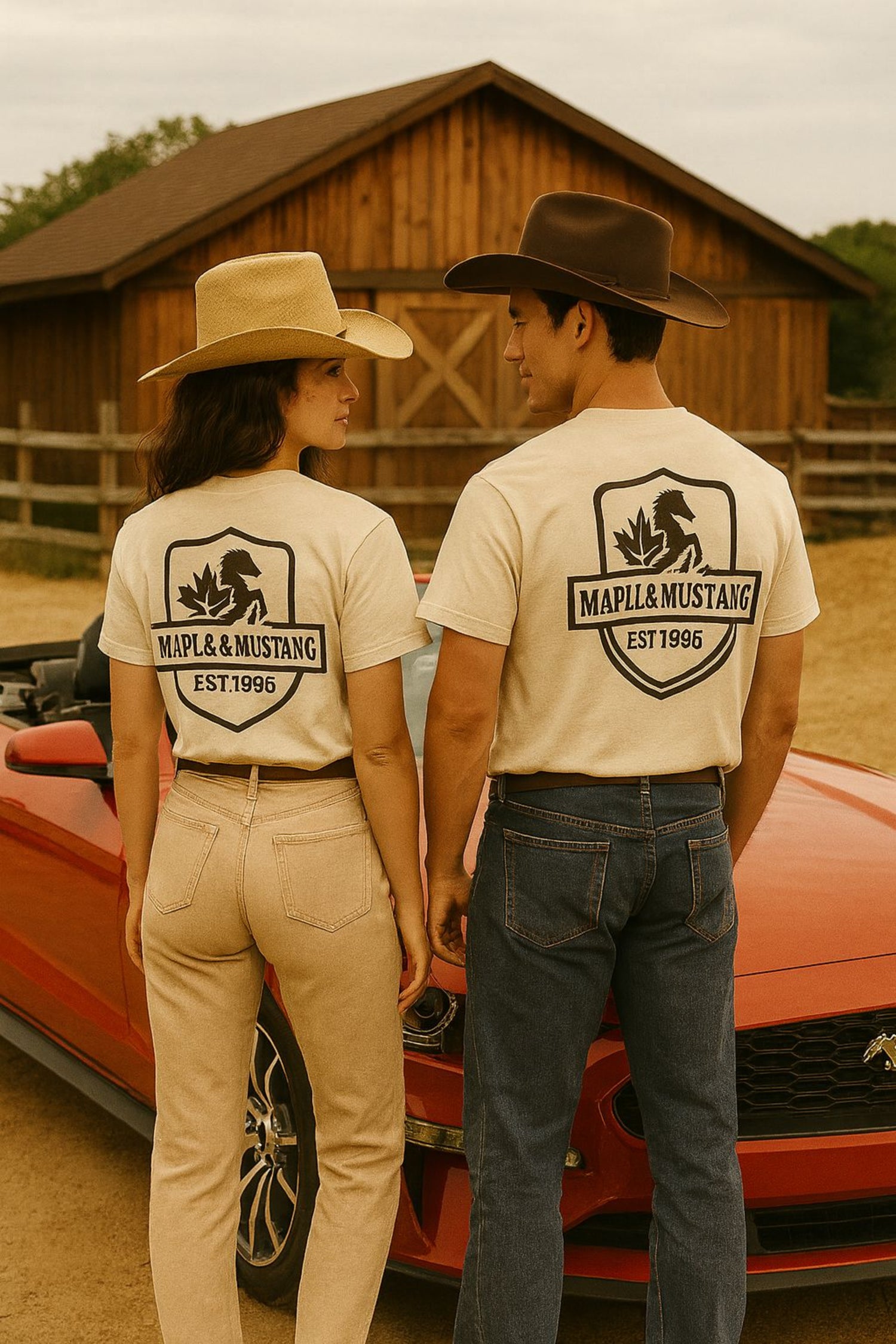 Two people standing in front of a red car wearing matching shirts with a logo and text.